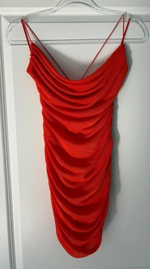 NWOT Garage Red Orange Draped Bodycon Mini Dress Size Small thumbnail 1