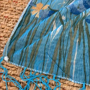Floral Blue and White Scarf with Fringe thumbnail 3