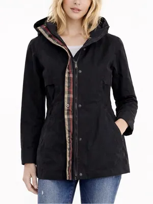 NEW Pendleton Women's Removable Hood Plaid Lining Zip Black Rain Jacket, Size M thumbnail 1
