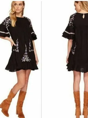 Free People Black Pavlo Embroidered Cottagecore Boho Mini Babydoll Dress thumbnail 3