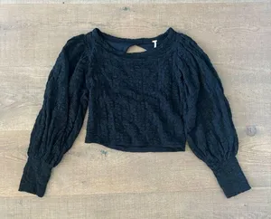 free people lace black open cutout back puff sleeve crop top thumbnail 1