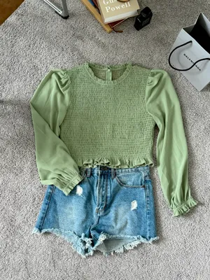 Sage Green Smocked Puff Long Sleeve Crop Top Ruffle Trim Casual Blouse thumbnail 4