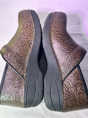 Dansko Brown Floral-Embossed Leather Clogs thumbnail 7
