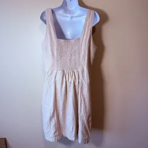 Old Navy Linen L Tall Blend Smocked Back Square Neck Mini Dress Tan‎ Beach Vacay thumbnail 6