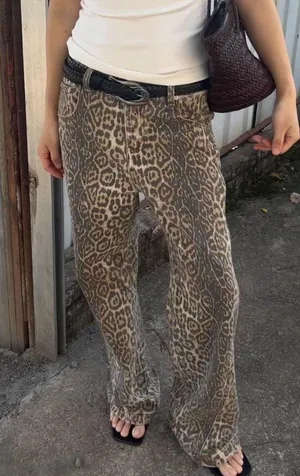 Trinite Studio High Rise Faded Leopard Print Distressed Denim Wide Leg Jeans 29" thumbnail 1