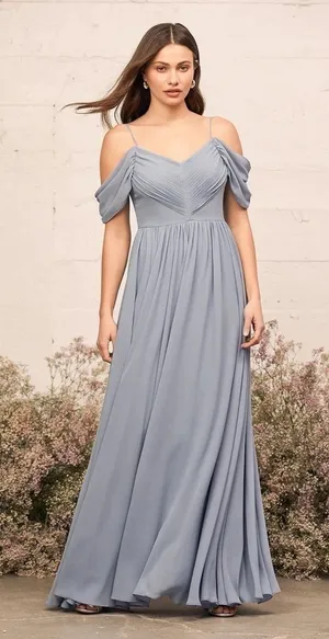 Lulus Lost In The Romance Chiffon Gown Slate Blue Small Prom Bridesmaid Formal thumbnail 1