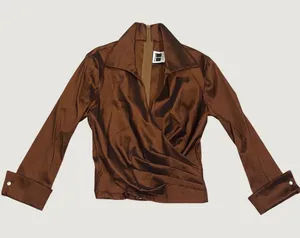 VTG 90s Tadashi Shoji Chocolate Brown Taffeta Faux Wrap Blouse Minimalist 10 thumbnail 1