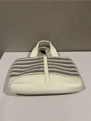 The Sak White Gray Seafoam Striped Crochet Tote Bag Leather Trim Mini Tote Purse thumbnail 3