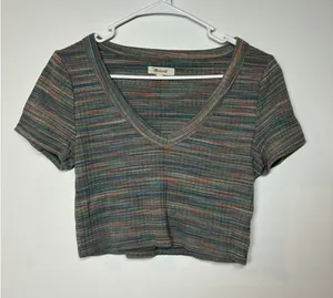 Madewell Multicolor Short Sleeve Space-Dye Brightside Rib V-Neck Crop Tee Sz M thumbnail 1