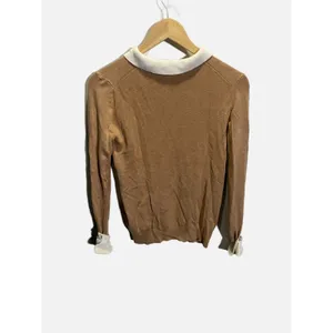 Zara Knit Sweater Women Medium Brown Peter Pan Collar Pearl Cuff Preppy‎ Office thumbnail 3