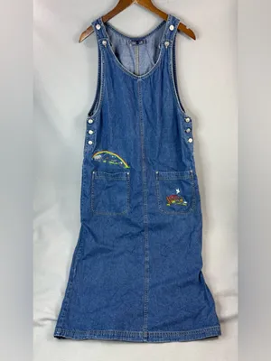 True Blue M Cottagecore Noah’s Arc Embroidered Overalls Denim Jumper Dress thumbnail 3
