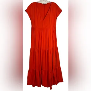 Zara‎ Tiered Midi Dress Short Sleeve V-neck Wrap Flounced Hem Red/ Orange XS thumbnail 2