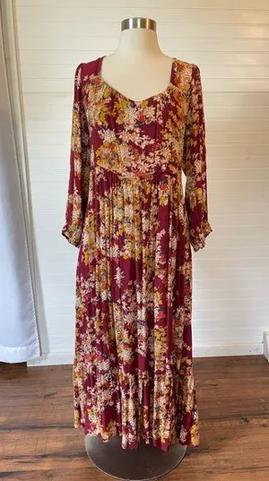 Skies Are Blue Floral Burgundy Print Midi Length Dress thumbnail 1