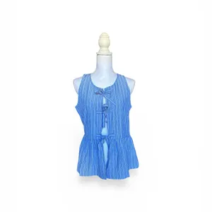 Amazon Blue Pinstripe Tie Front Peplum Top Size M Babydoll Blouse Cottagecore Summer thumbnail 3