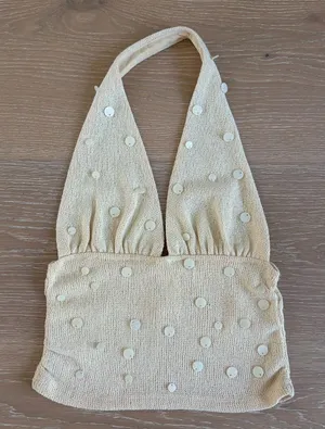 Zara Knit Halter Top Beaded Size S Butter Yellow thumbnail 1