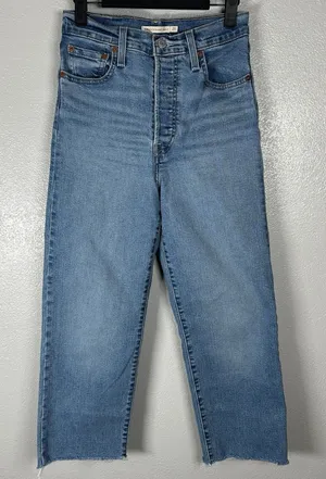 Levis Ribcage Straight Ankle Jeans Womens 25 Denim Button Fly High Rise Raw Hem‎ thumbnail 1