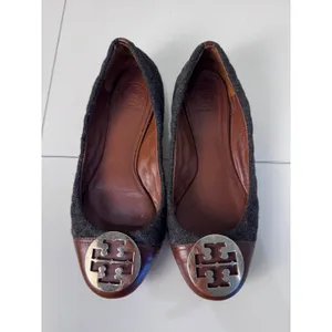 Tory Burch Reva Ballet Flats Womens 9 Quilted Wool Leather Logo Medallion thumbnail 2