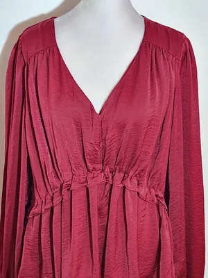 Umgee Burgundy Satin Sheen Babydoll Blouse Size Large thumbnail 3