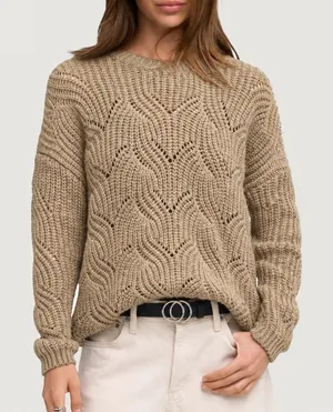 ONLY Our Story S Sweater Beige Havana Long Sleeve Pullover Pointelle Knit Tan thumbnail 1