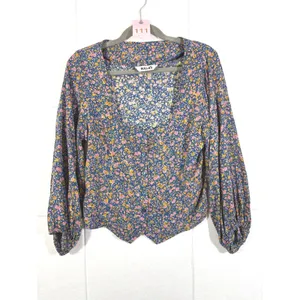 Rollas Roxanne Coast Floral Blouse Blue Multi Square Neck Blouson Sleeve Top S thumbnail 2