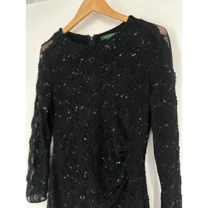 Lauren‎ RALPH LAUREN Lace Sequin Black Dress 14 Ruched Waist Sheer Sleeve Formal thumbnail 2