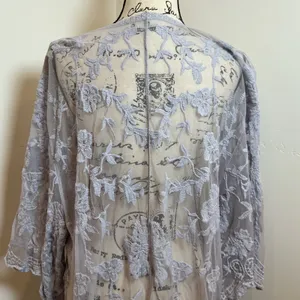 Romantic Cottagecore Mesh Lace Open Front Duster‎ Cardigan Gray thumbnail 5