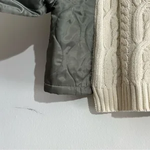 POL Cream Cable-Knit V-Neck Sweater with Olive Sleeve Panels thumbnail 8