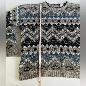 Vintage Method Blue Black Tan Fair Isle Eclectic Grandpa Crewneck Sweater Sz M thumbnail 5