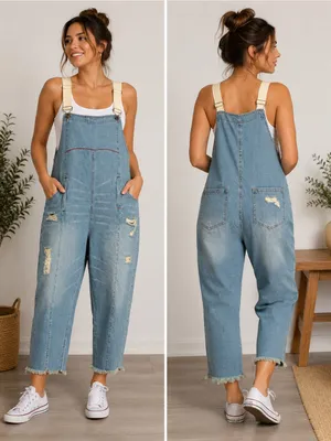 Women’s Denim Overalls Size M Light Wash Distressed Cropped Baggy Utility thumbnail 2