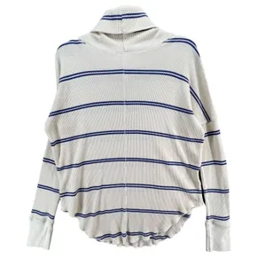 Babaton Waffle Knit Thermal Sweater Womens S Cream Blue Striped Quiet Luxury thumbnail 3