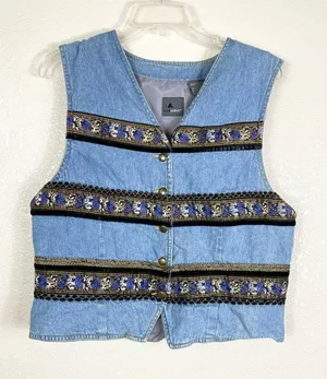 Vintage Liz Wear Paisley Striped Embellished Denim Vest thumbnail 1