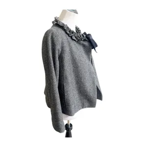 J Crew SZ 4 Women’s Cheshire Ruffle Tie Neck Jacket in Black/White Herringbone thumbnail 3