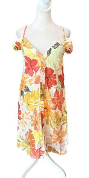 Zara Floral Linen Dress Button Front Womens Size Small thumbnail 1