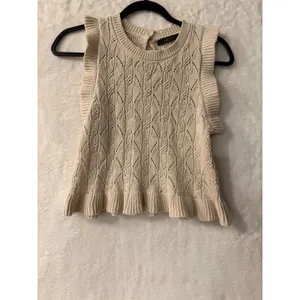 Deluc Cream Cable Knit Ruffle Sleeveless Sweater‎ Top Vest Beige Small 9297D thumbnail 7