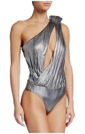 Retrofête Cassie‎ Lamé One-Shoulder Bodysuit Gunmetal Size S thumbnail 1