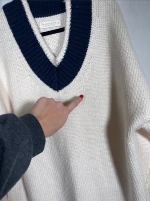 Abercrombie & Fitch Womens Merino Wool Chunky V Neck Sweater Ivory Navy Blue Xl thumbnail 3