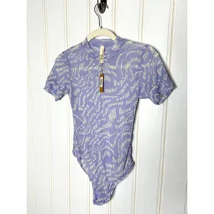 SKIMS Summer Mesh T-Shirt Bodysuit Lilac Swirl Logo Print Mock Neck NWT L thumbnail 4