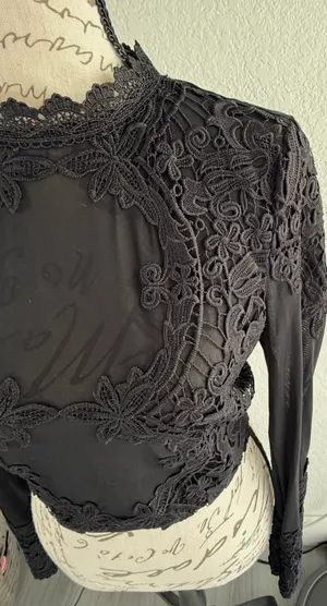 Windsor Black Lace Overlay Long Sleeve Mesh Crop Top - Size Small thumbnail 13