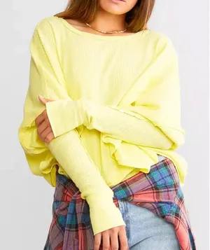 Free People Microphone Drop Lemon Grass Yellow Thermal Top Waffle‎ Knit Medium thumbnail 1