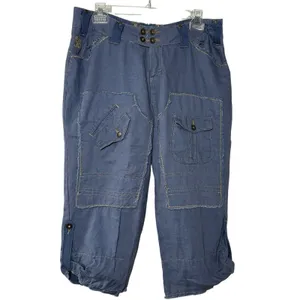 Y2K Linen Cargo Capri Blue Utility Boho Cropped Pants Sz L Button‎ Fly Wide Leg thumbnail 2