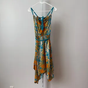 Route 66 S Blue‎ Orange Sundress Braided Straps Handkerchief Hem Boho Festival thumbnail 6