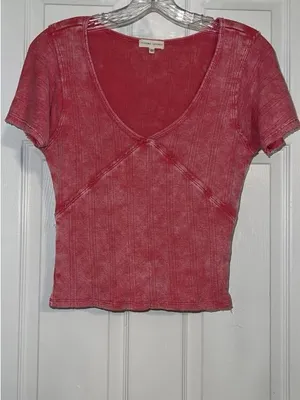 Gilded Intent Washed Pink Ribbed V-Neck Crop Top thumbnail 2