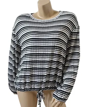 MUDD Womens Black White Striped Stretch Knit Long Sleeve Shirt Top Large thumbnail 1