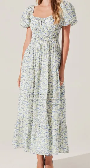 Astr Floral Smocked Maxi Dress in Light Blue and Cream thumbnail 1