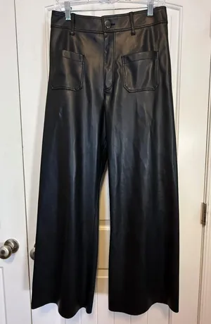 Zara Black Faux Leather 8 Pants Wide Leg High Rise Trousers Patch Pockets Chic thumbnail 1