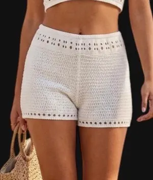 prettylittlething white knit shorts thumbnail 1