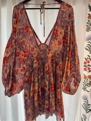 Free People Floral V-Neck Mini Dress in Lavender & Peach thumbnail 13