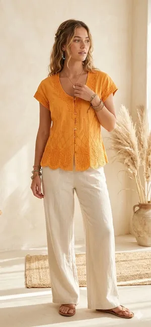 G Designs Orange Embroidered Boho Blouse Womens M Peasant Fairycore Renaissance thumbnail 1