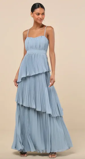 Lulus Jehona Dusty Blue Pleated Tiered Maxi Dress Long Formal A Line Small NWT thumbnail 1