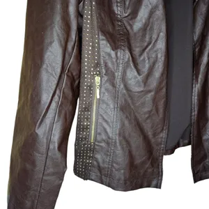 Chico's Chocolate Brown Open Front Faux Leather Lined Jacket Gold Studded Size 1 thumbnail 5